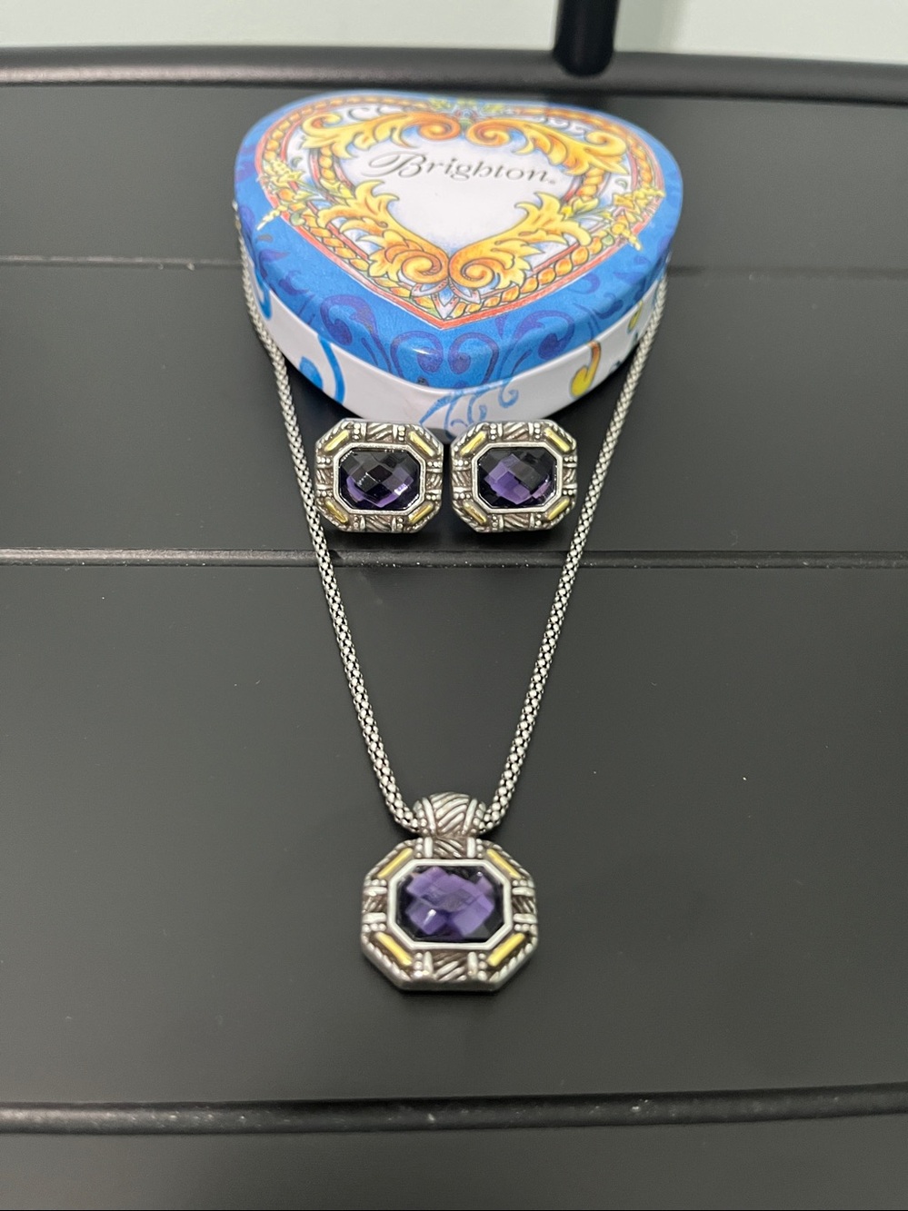 Brighton Silver-Tone Necklace and Earrings with Purple Stones